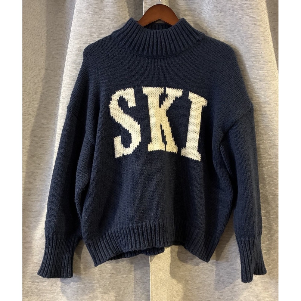LELIS Blue Size Medium SKI Lettering Turtleneck Knit‎ Sweater Outdoor Women's